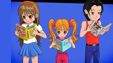 imagem contendo dois adolescentes: moça e rapaz e uma menina, todos lendo mangá.
