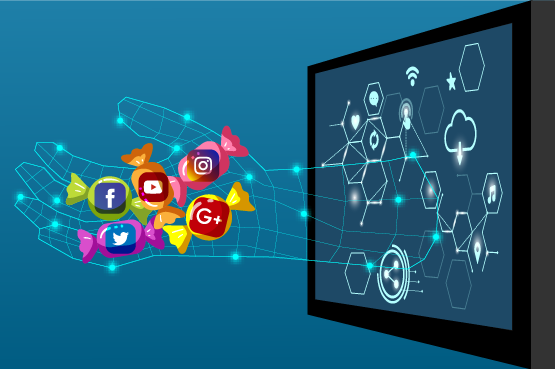 Imagem com logos de redes sociais e uma pessoa