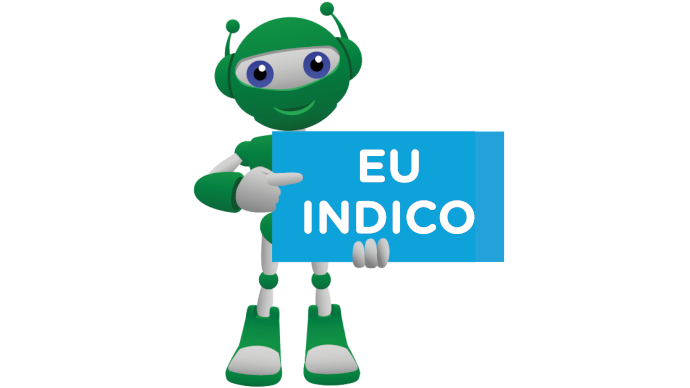 Bino segurando uma placa azul escrita eu indico