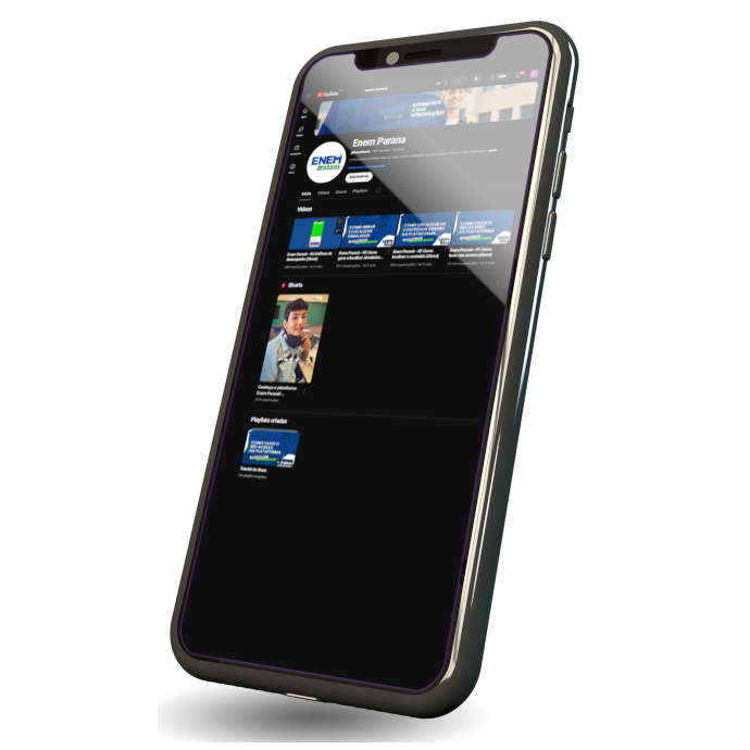 Imagem que contém a imagem de um celular, contendo a tela do aplicativo Enem Paraná